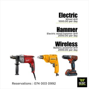 Rent Stuffs offers electric drills for rent in Sri Lanka. We are one of the leading tools rental companies in Colombo including electric and wireless drills.