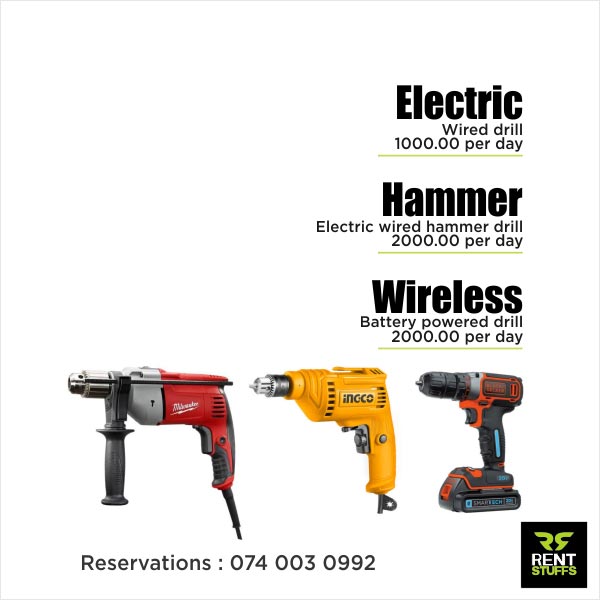 Drills for rent in Colombo Maharagama Rent Stuffs offers electric drills for rent in Sri Lanka. We are one of the leading tools rental companies in Colombo including electric and wireless drills.