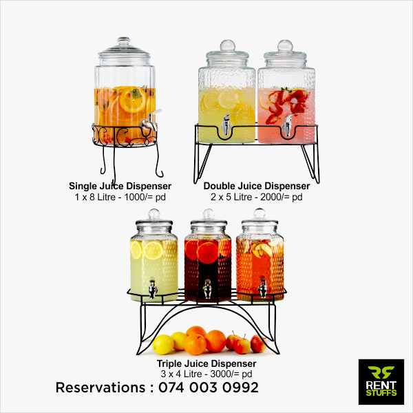 Glass dispensers for rent Rent Stuffs offers glass beverage dispensers for rent in Colombo, Sri Lanka. We have selection of glass beverage dispensers for rent for events.