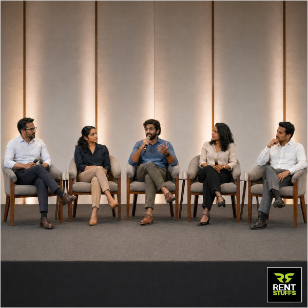 Rent Stuffs offers luxury lobby chairs for rent in Colombo, Sri Lanka. We have high quality velvet cushioned lobby chairs for stage seating and discussions.