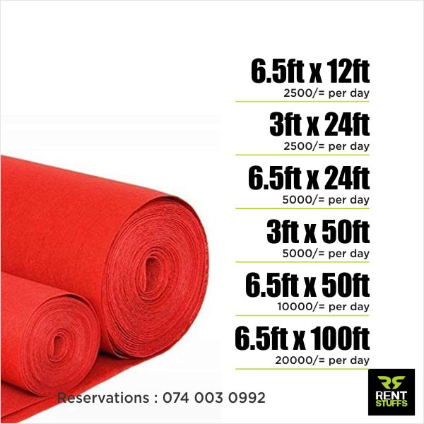 Red carpets for rent in Colombo Sri Lanka Rent Stuffs offers Red carpet for rent in Colombo, Sri Lanka. We provide wide range of Red carpets for rent in many sizes for events, churches and weddings.