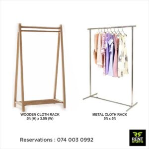 Rent Stuffs provides cloth racks for rent in Colombo Sri Lanka. We have metal stainless steel and wooden cloth hanging racks for rent in various sizes.