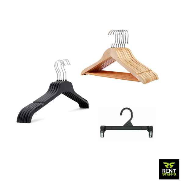 Rent Stuffs provides cloth hangers for rent in Colombo Sri Lanka. We rent wooden and metal cloth hangers for top and bottom garment hanging.