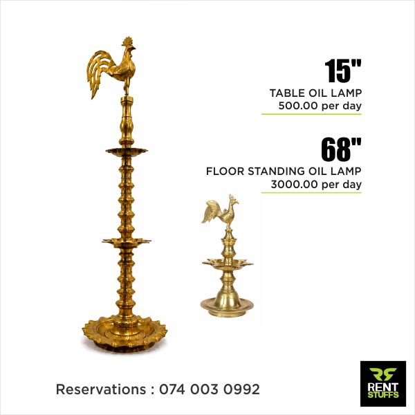 Oil lamps for rent in Maharagama Colombo Rent Stuffs offers traditional brass oil lamp for rent in Colombo, Sri Lanka. We have wide range of Kukula Pahana oil lamps for rent in many sizes.